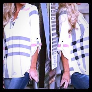 Plaid tunic style v cut shirt with botton sleeves